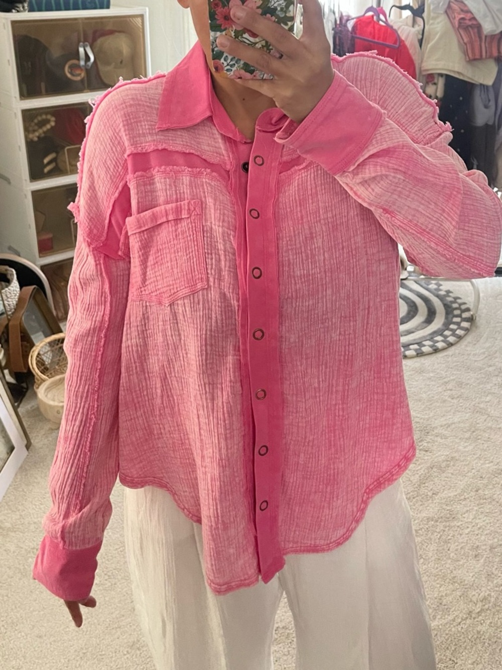 Peach Love California Hot Pink Button-Up Gauze Shirt